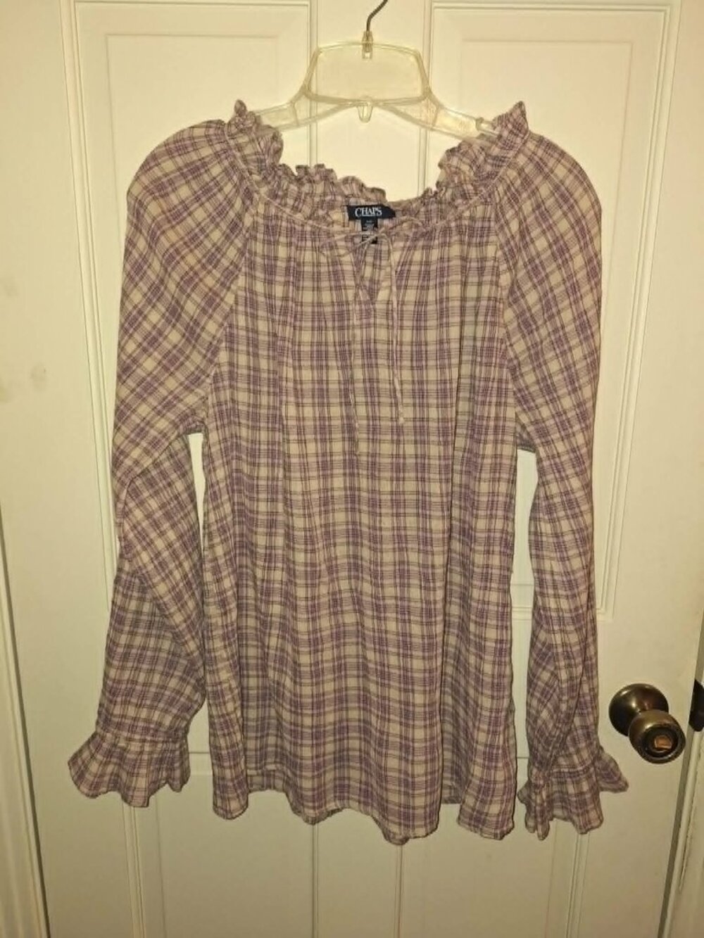 Chaps Long-sleeved, Ruffle-neck Plaid Tunic, Size Large
